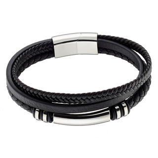 Men's Bracelet Black Leather-Steel 316L N-00524 Artcollection